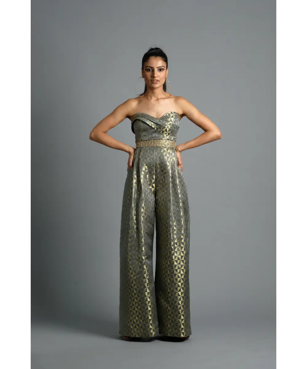 AASTHA SOOD - Geometric grey Brocade Jumpsuit